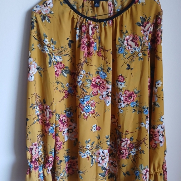 Zac & Rachel Women's Size XL Floral Keyhole Long Sleeve Yellow Multi Blouse - Picture 2 of 10